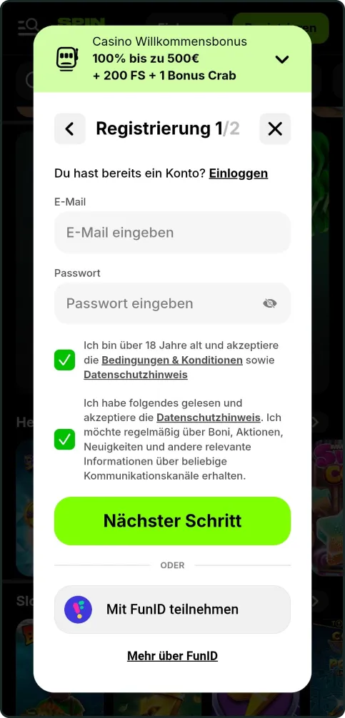 Spinit Casino Anmeldung Schritt 2